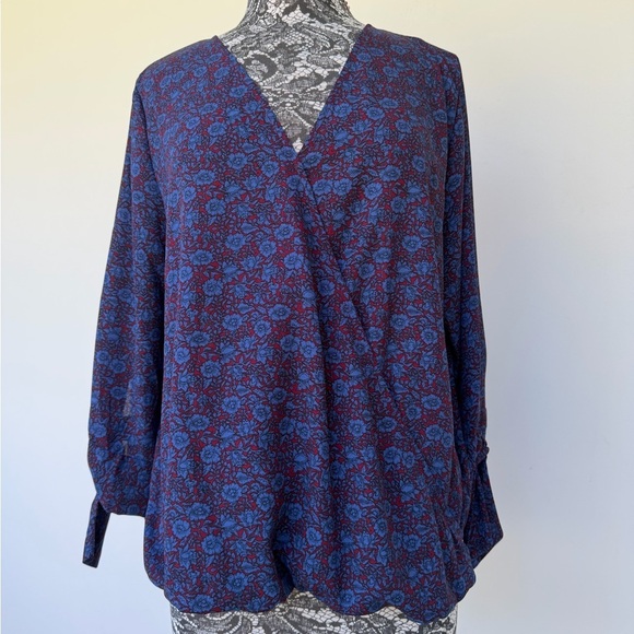 West Kei Tops - Women's Blue & Burgundy Floral Blouse by West Kei size XL